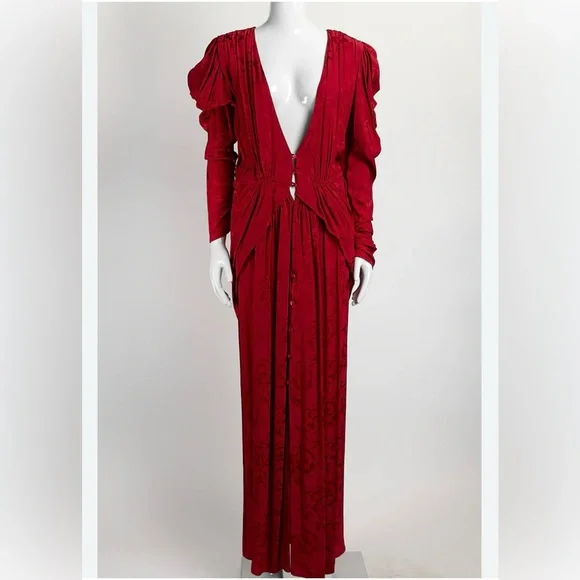 Attico Size 42 (size 6) Red Jacquard Ruffle Maxi Dress - Picture 3 of 11